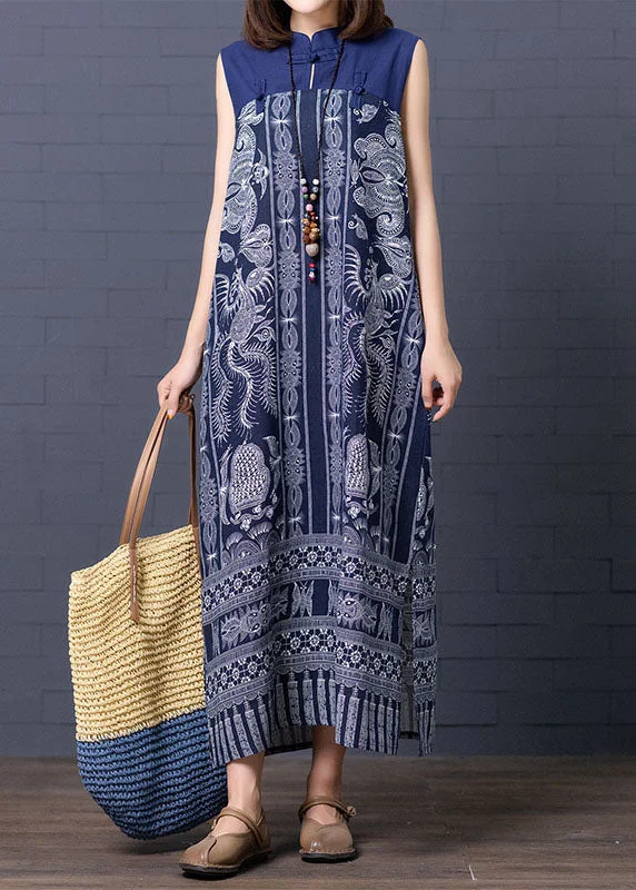 Sleeveless Dress In RayonChic Blue Stand Collar Print Patchwork Cotton Summer Dress Sleeveless