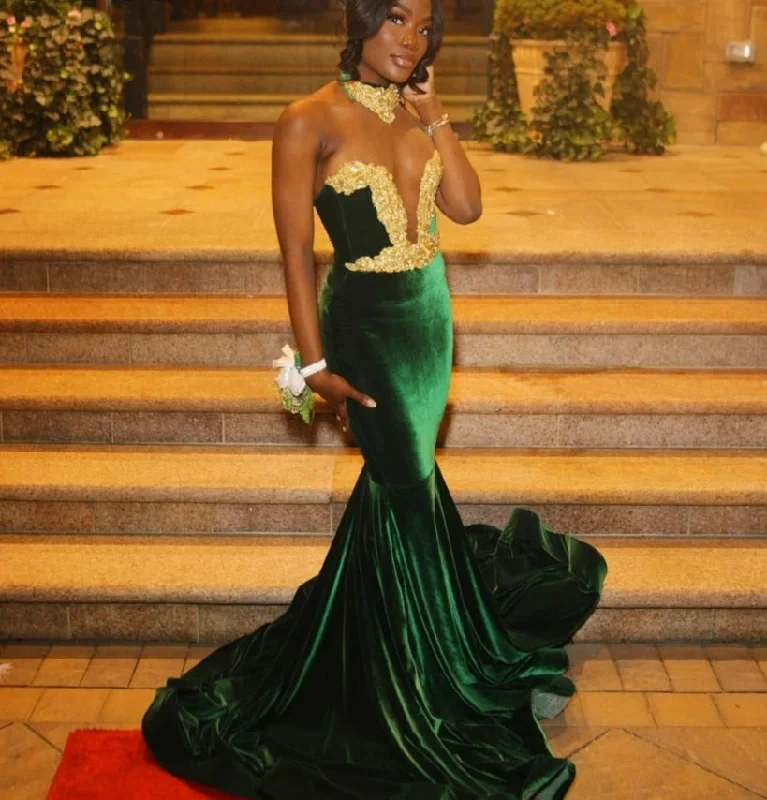 black-tie party dressesCustomized Green Velvet Mermaid Prom Dress For Black Girls Gold Lace Crystal Beaded Party Gala Gown Robe De Soiree