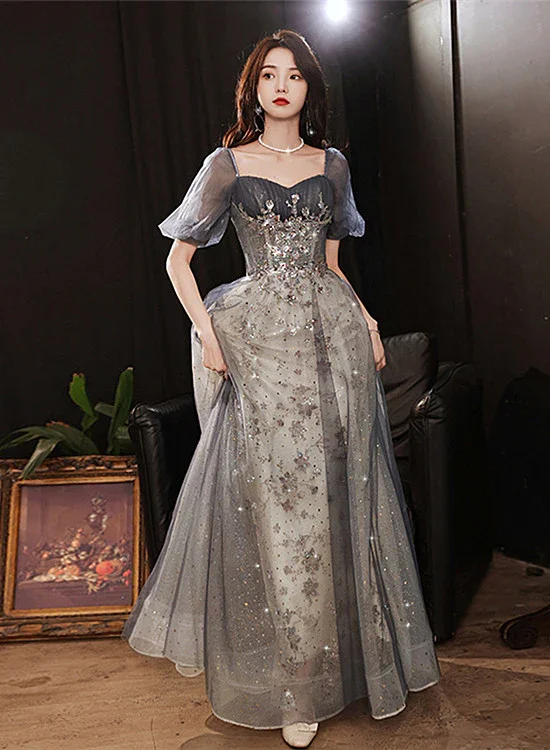 vintage party dressesElegant A-Line Grey Tulle Short Sleeves Long Party Dress, Grey Evening Dress Y1507