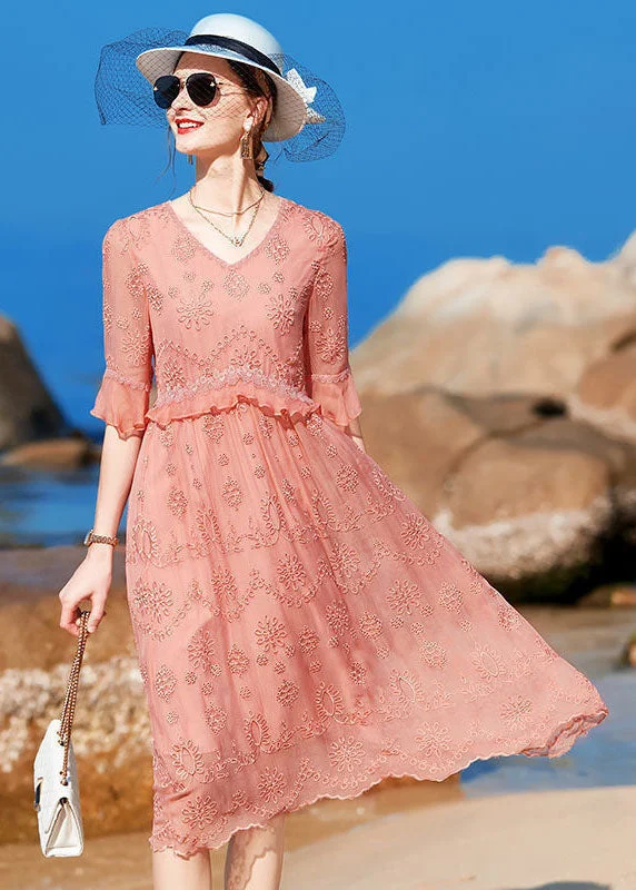 cotton maxi dressesBoutique Pink V Neck Embroideried Ruffles Silk Long Dress Half Sleeve