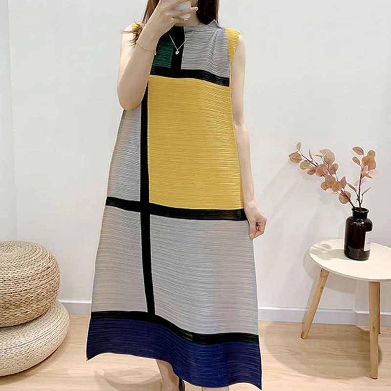 Sleeveless Dress In TulleGetspring O Neck Sleeveless Casual Loose Oversized Spring New Ruched Patchwork Hit Color Dresses