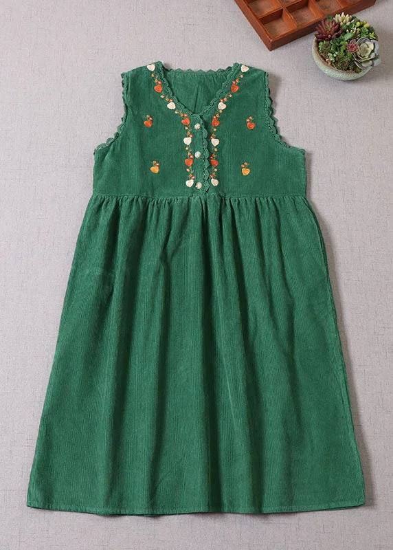 Sleeveless Dress In CottonCasual Green Embroideried Patchwork Corduroy Vacation Dresses Sleeveless