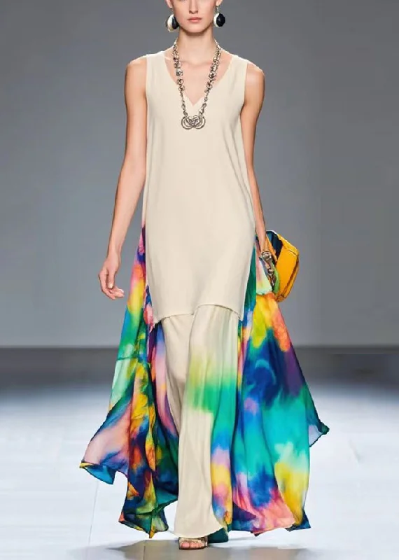 maxi dresses for day-to-night wearChic Apricot Print Patchwork Chiffon Long Dresses Summer