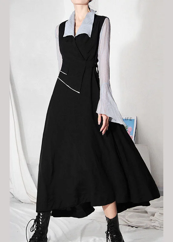 Sleeveless Dress In ChiffonFashion Black Asymmetrical design Patchwork Dresses Sleeveless