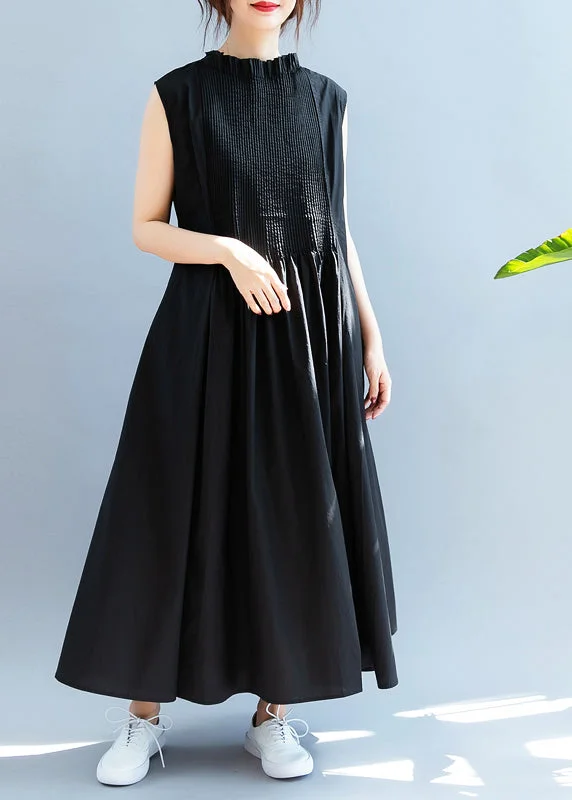 Sleeveless Dress With Cross-Back StrapsBoutique Black Ruffled wrinkled Cotton Dresses Sleeveless