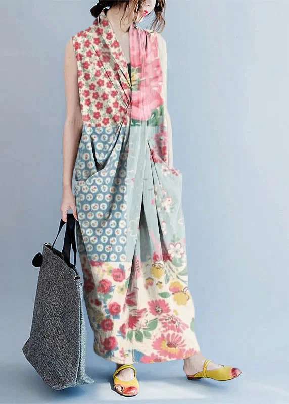 maxi dresses with built-in brasV Neck Sleeveless Loose Long Dress Casual Split Hem Blue Flowers Long Tank