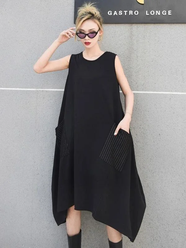 Sleeveless Dress MinimalistItalian sleeveless asymmetric cotton summer black cotton Dresses