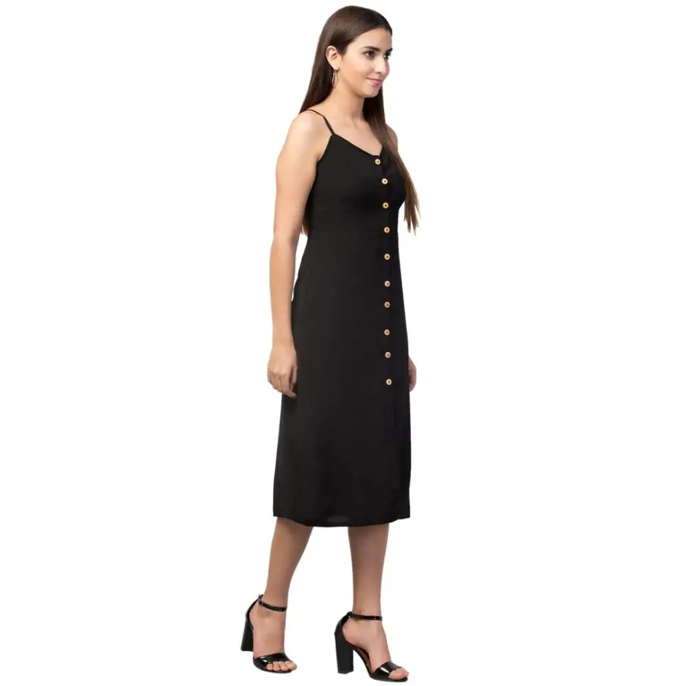 Sleeveless Dress In SatinFabulous Viscose Black Solid Sleeveless Buttoned Sheath Dress For Women