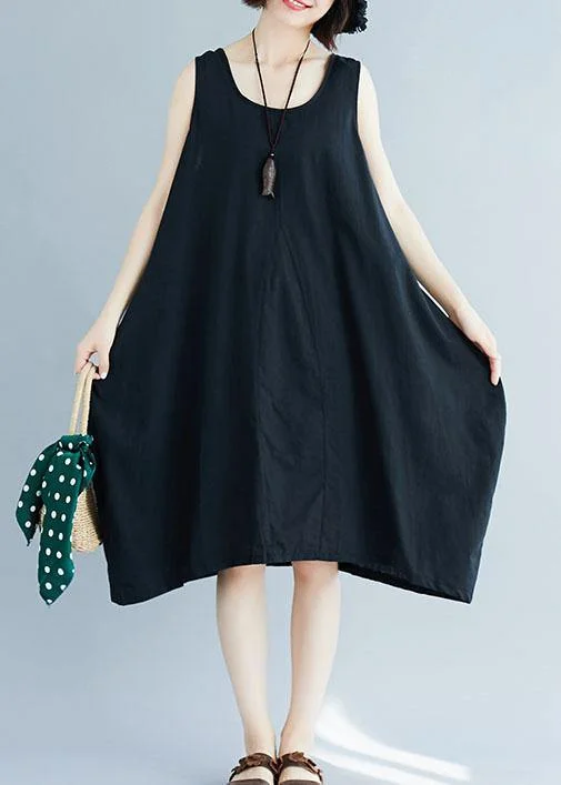 Sleeveless Dress AffordableChic black o neck linen quilting dresses sleeveless Plus Size Clothing summer Dress