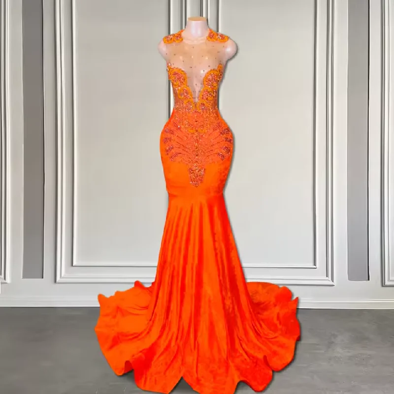 sustainable party dressesElegant Long Orange Velvet Prom Dress for Black Girls Luxury Rhinestone Diamond Mermaid Birthday Party Gowns Customized