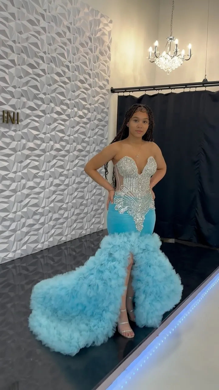 bachelor party dresses (for women)Mermaid Blue Crystal Luxury Prom Dresses Long for Black Girl Birthday Party Beading Diamond Ruffle Tulle Formal Evening Gowns