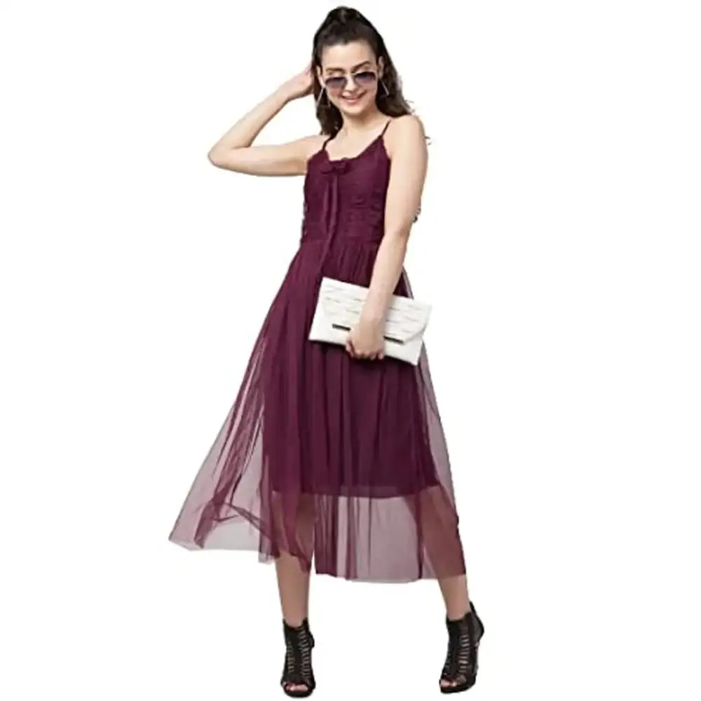 Sleeveless Dress With Balloon Sleeves (detachable)Teekhi Girl Women's Solid Net Casual Sleeveless A-Line Dress (Wine)