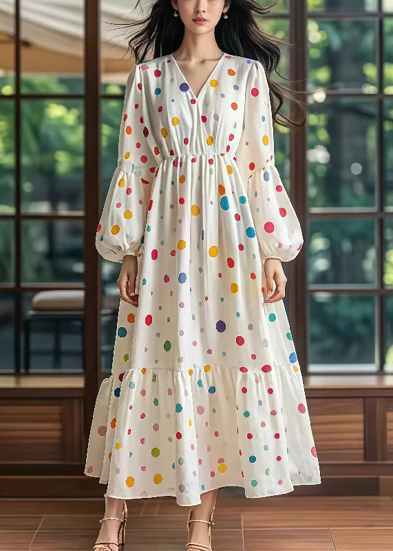 maxi dresses for outdoor weddingsWomen White Cinched Print Cotton Long Dress Lantern Sleeve