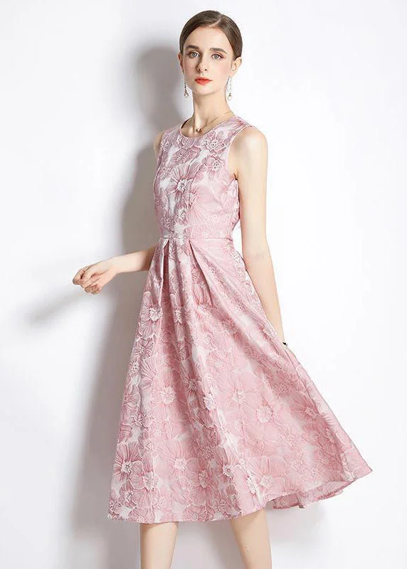 Sleeveless Dress With Low CutBohemian Pink Jacquard Exra Large Hem Silk Holiday Dress Sleeveless